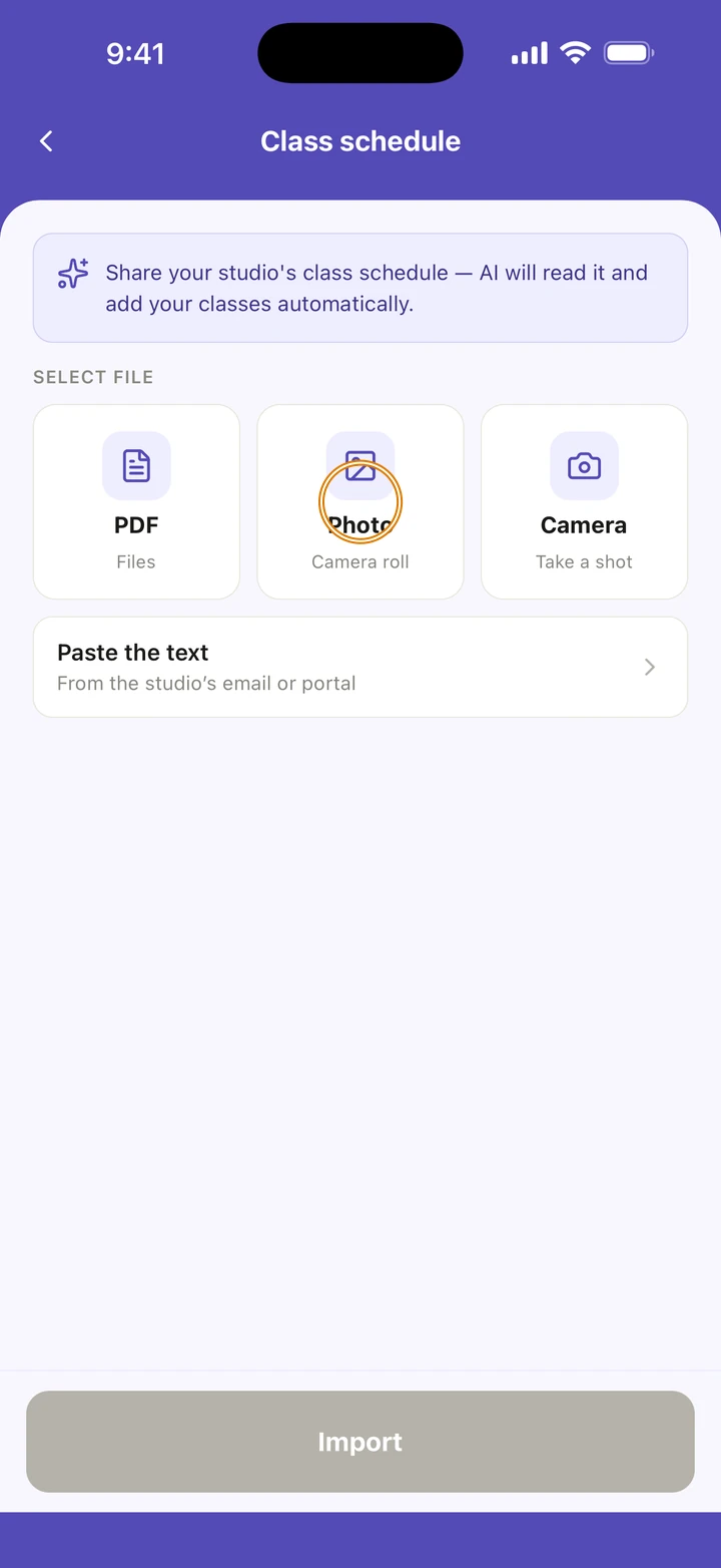 The import screen with PDF, Photo and Camera under SELECT FILE, Photo circled, and Paste the text below.
