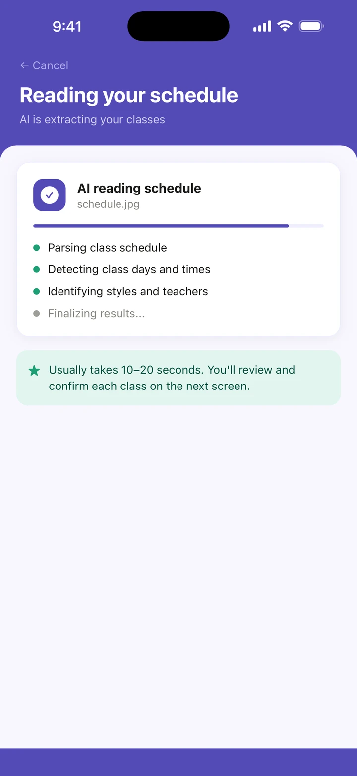 Reading your schedule, with AI reading schedule working through its list, and Usually takes 10–20 seconds.