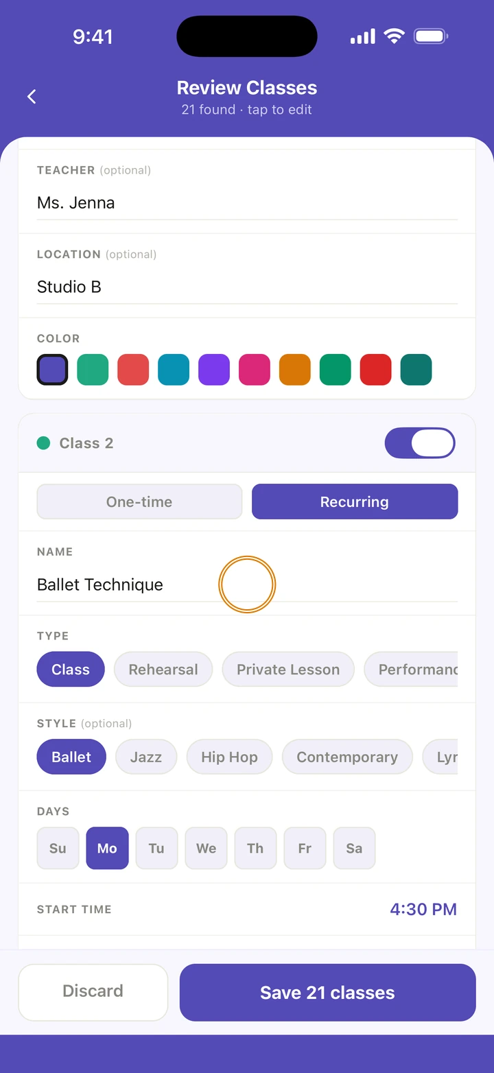 Review Classes, 21 found, with a class open showing Ballet Technique, Recurring, Ballet, Mondays at 4:30 PM, its name circled, and Save 21 classes at the bottom.