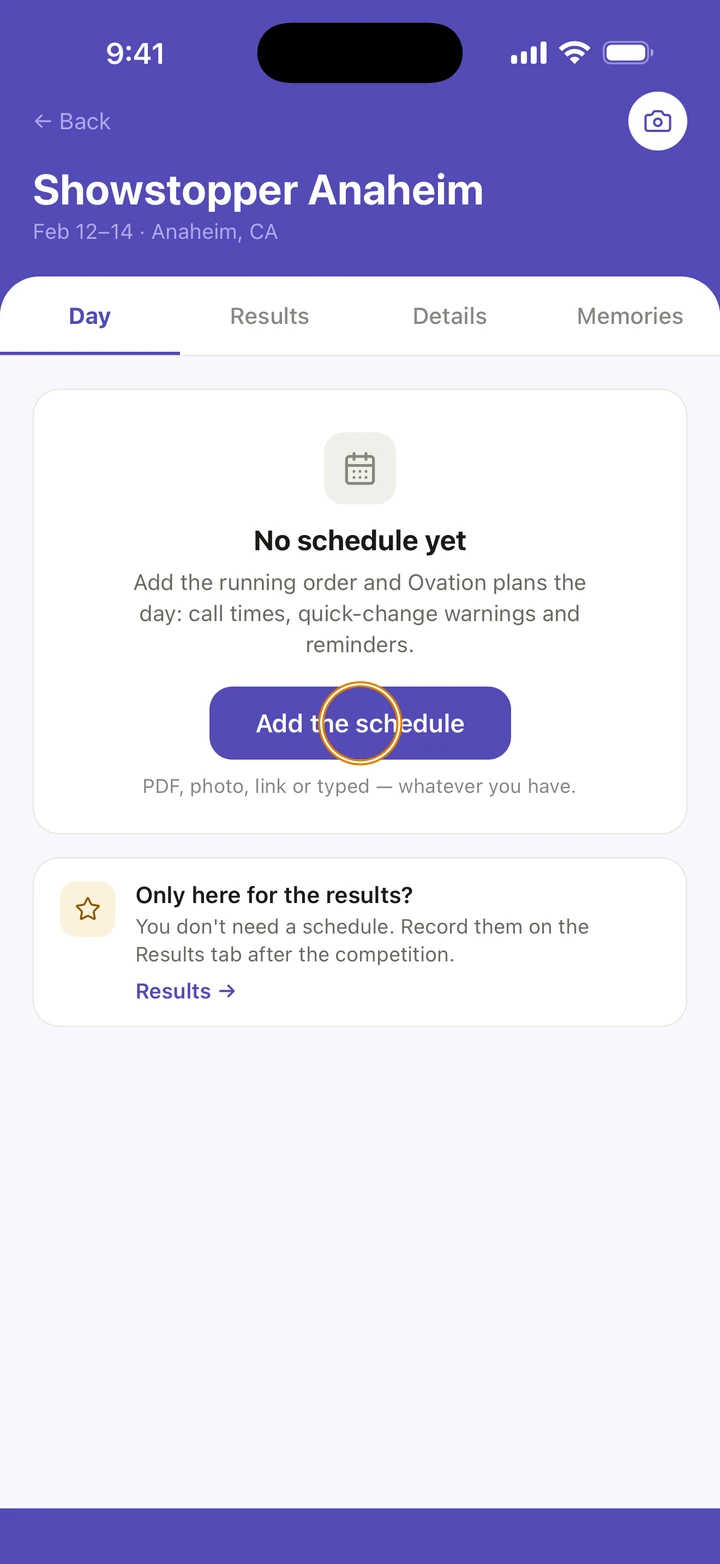 The Showstopper Anaheim page on its Day tab, saying No schedule yet, with Add the schedule circled.