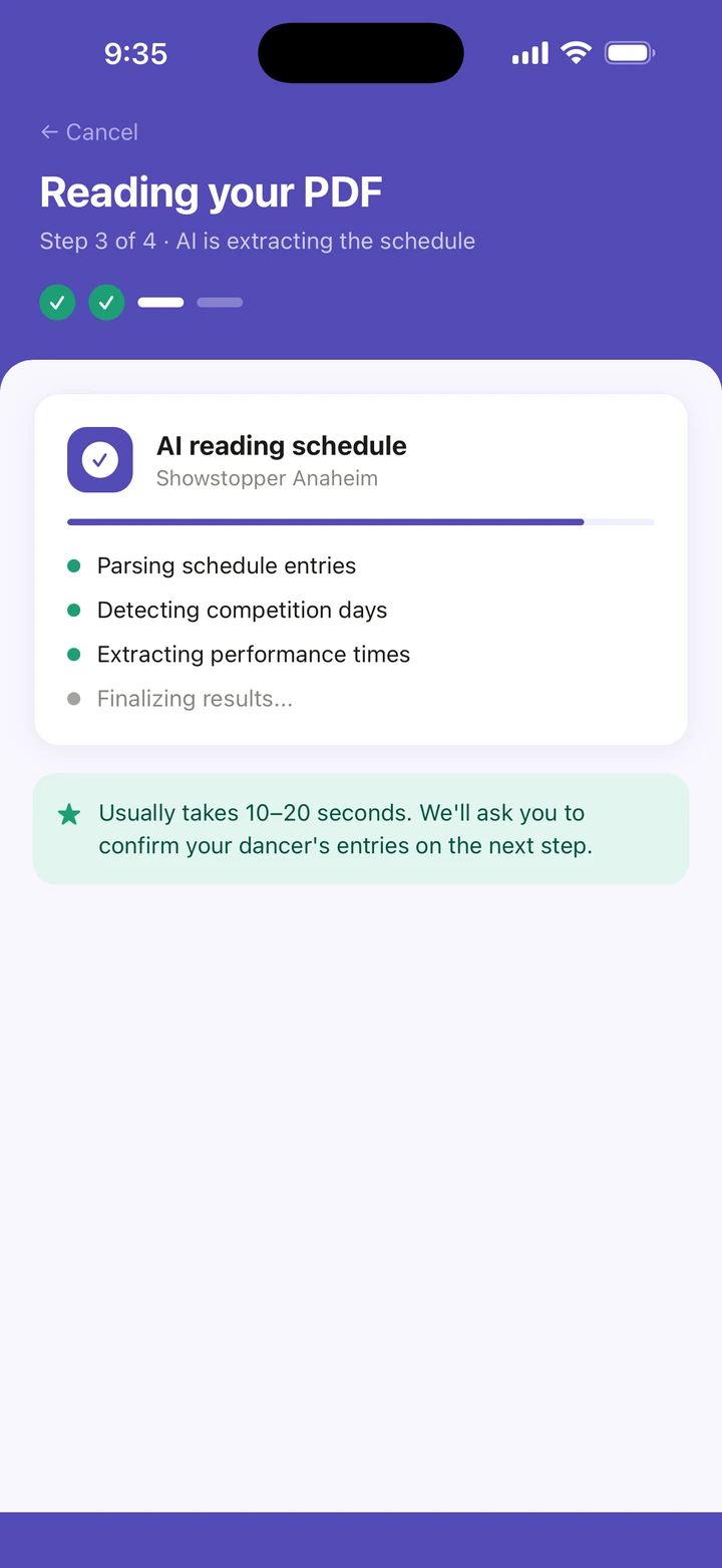 Reading your PDF, with AI reading schedule working through its list, and Usually takes 10–20 seconds.