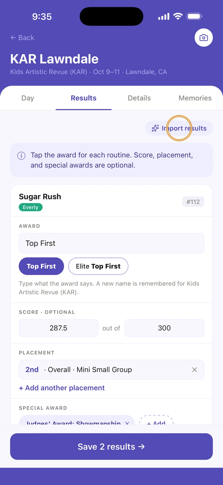 KAR Lawndale's Results tab, with Import results circled at the top right above the Sugar Rush card.