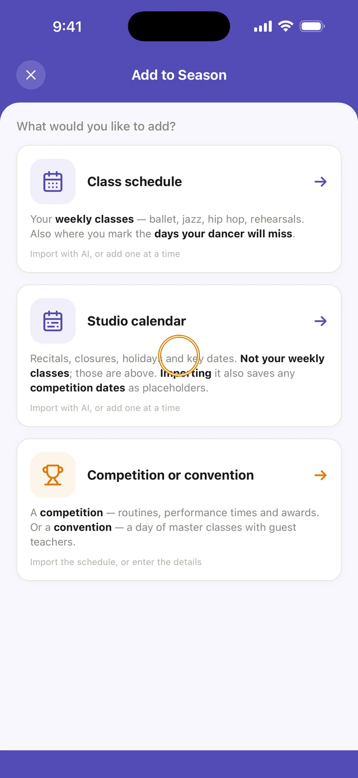 Add to Season with Class schedule, Studio calendar and Competition or convention, and Studio calendar circled.