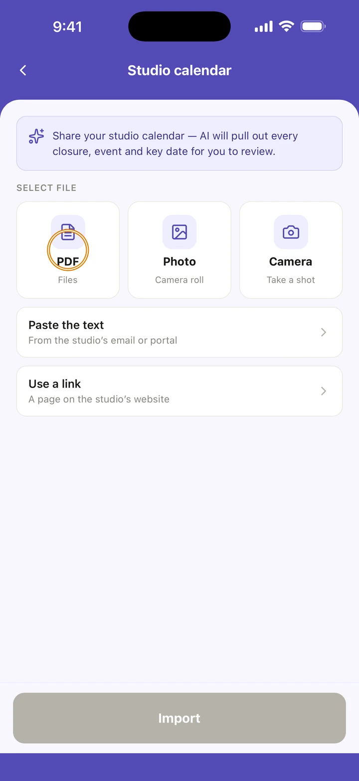 The import screen with PDF circled under SELECT FILE beside Photo and Camera, and Paste the text and Use a link below.