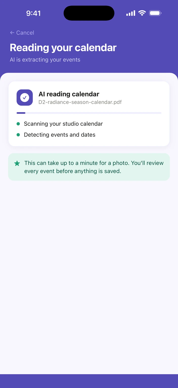 Reading your calendar, with AI reading calendar scanning the PDF, and This can take up to a minute for a photo.
