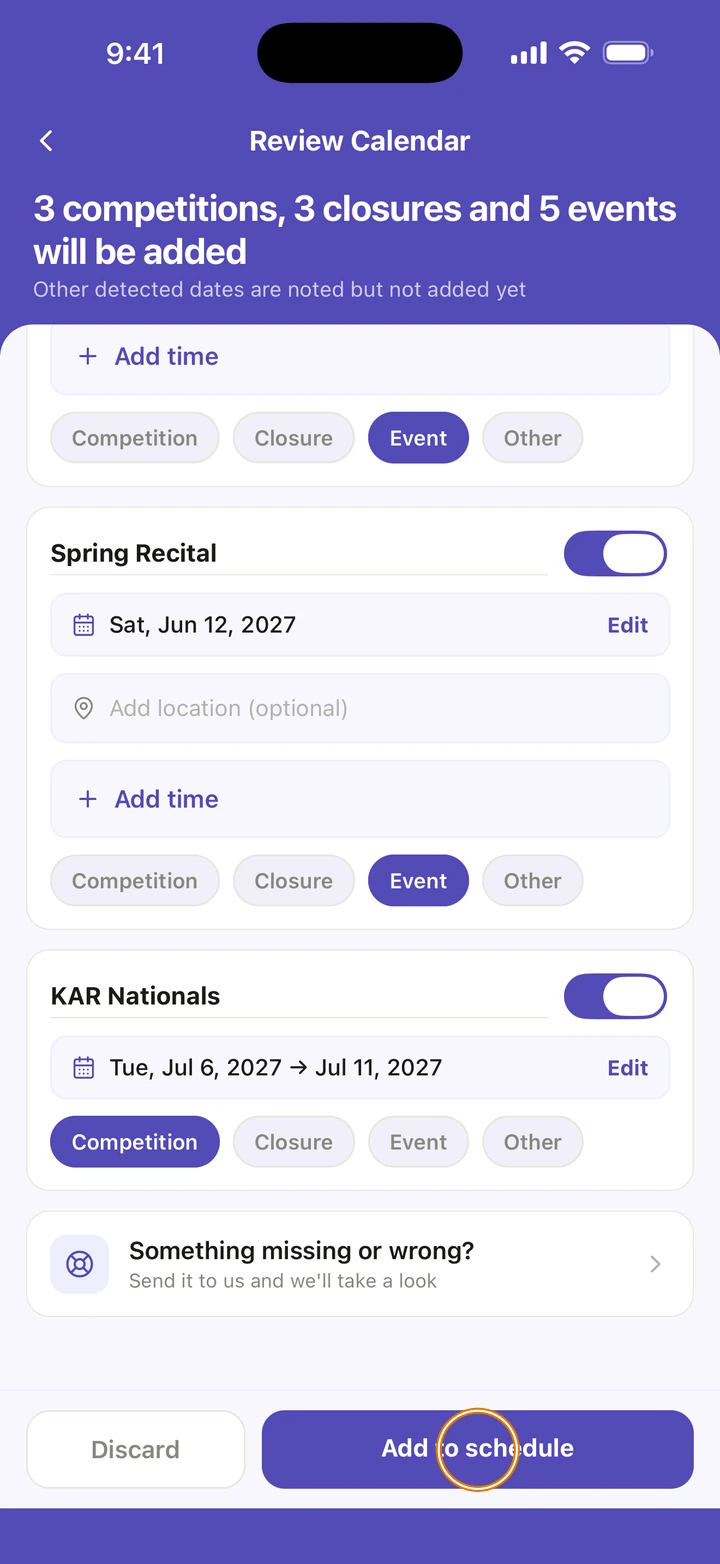 The end of Review Calendar: Spring Recital as an Event and KAR Nationals as a Competition, then Something missing or wrong?, and Add to schedule circled next to Discard.