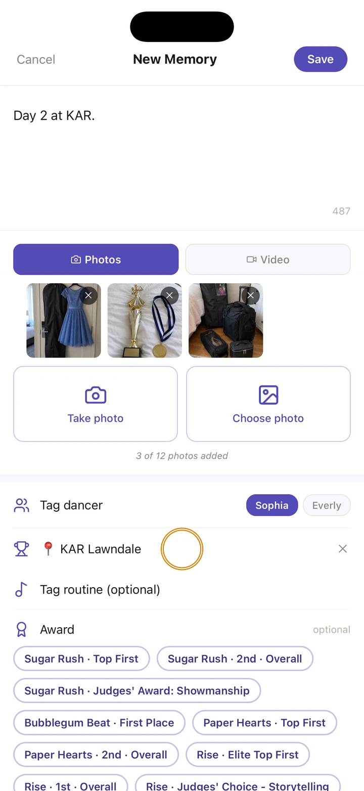 New Memory tagged Sophia, with KAR Lawndale chosen as the tagged competition, circled, and Tag routine (optional) below.