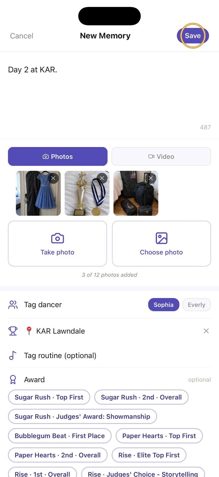 New Memory ready to save, with three photos, tagged Sophia and KAR Lawndale, and Save circled at the top right.