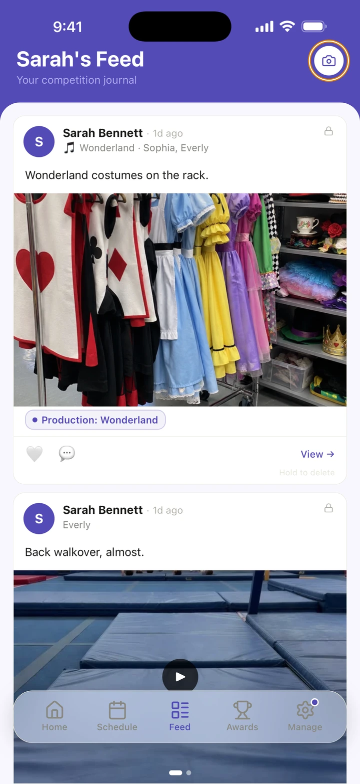 The Feed tab, Sarah's Feed, with recent memories and the camera button at the top right circled.