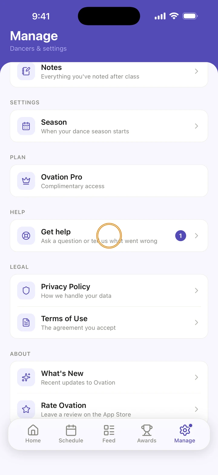 The Manage tab with Season, Ovation Pro, Get help, Privacy Policy, Terms of Use and more, and Get help circled.
