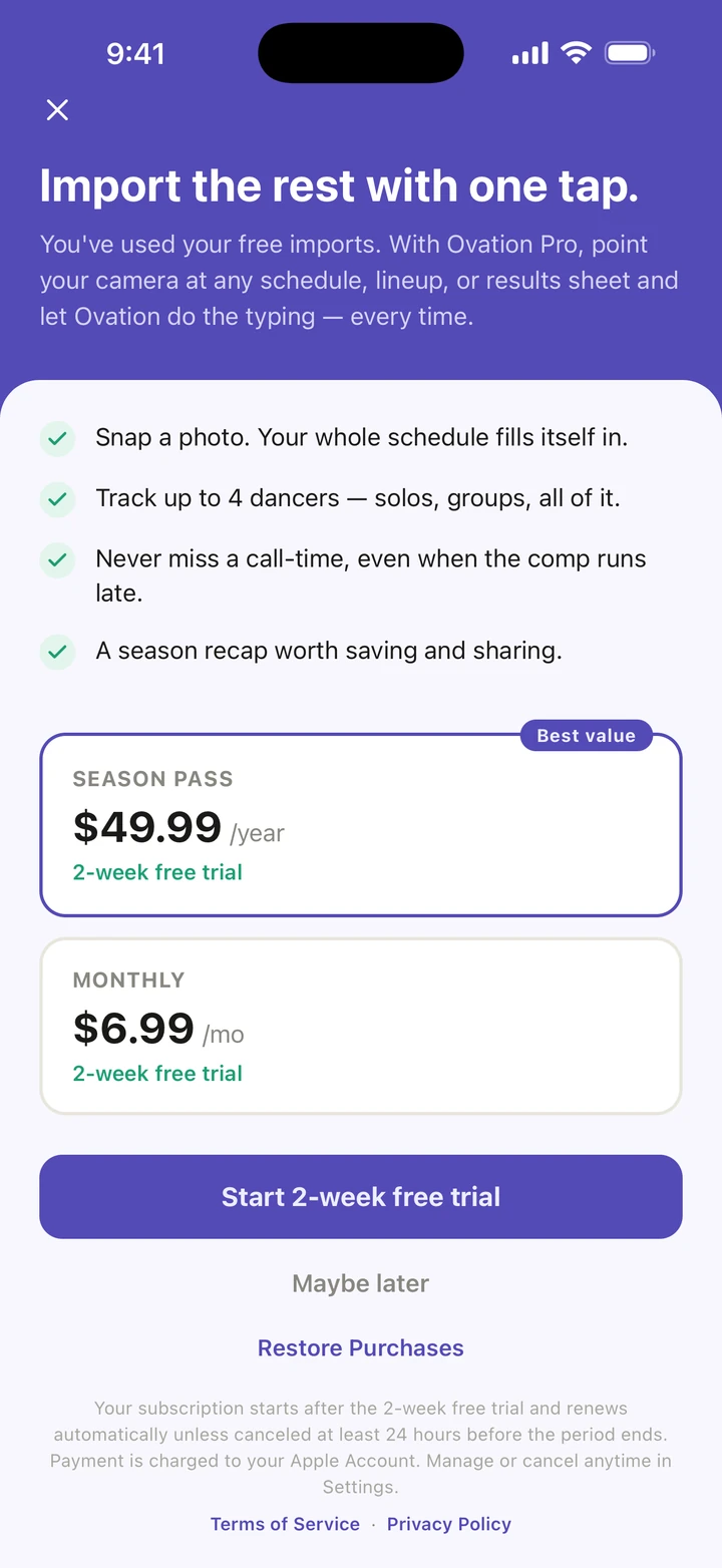 The Ovation Pro screen as it opens at a free plan limit: Import the rest with one tap, You've used your free imports, with the same two plans and Start 2-week free trial.
