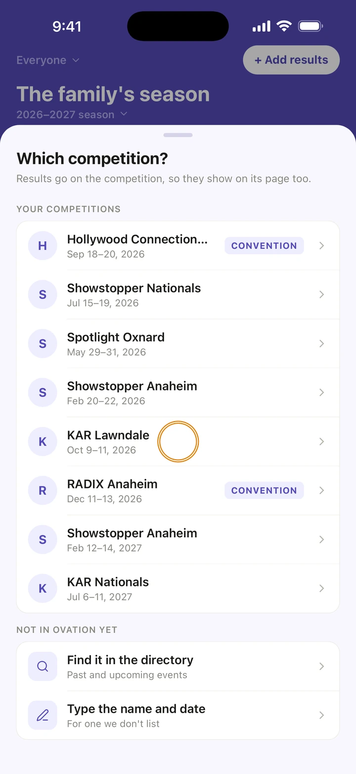 The Which competition? sheet on the Awards tab, listing your competitions, with KAR Lawndale, Oct 9–11, 2026, circled.