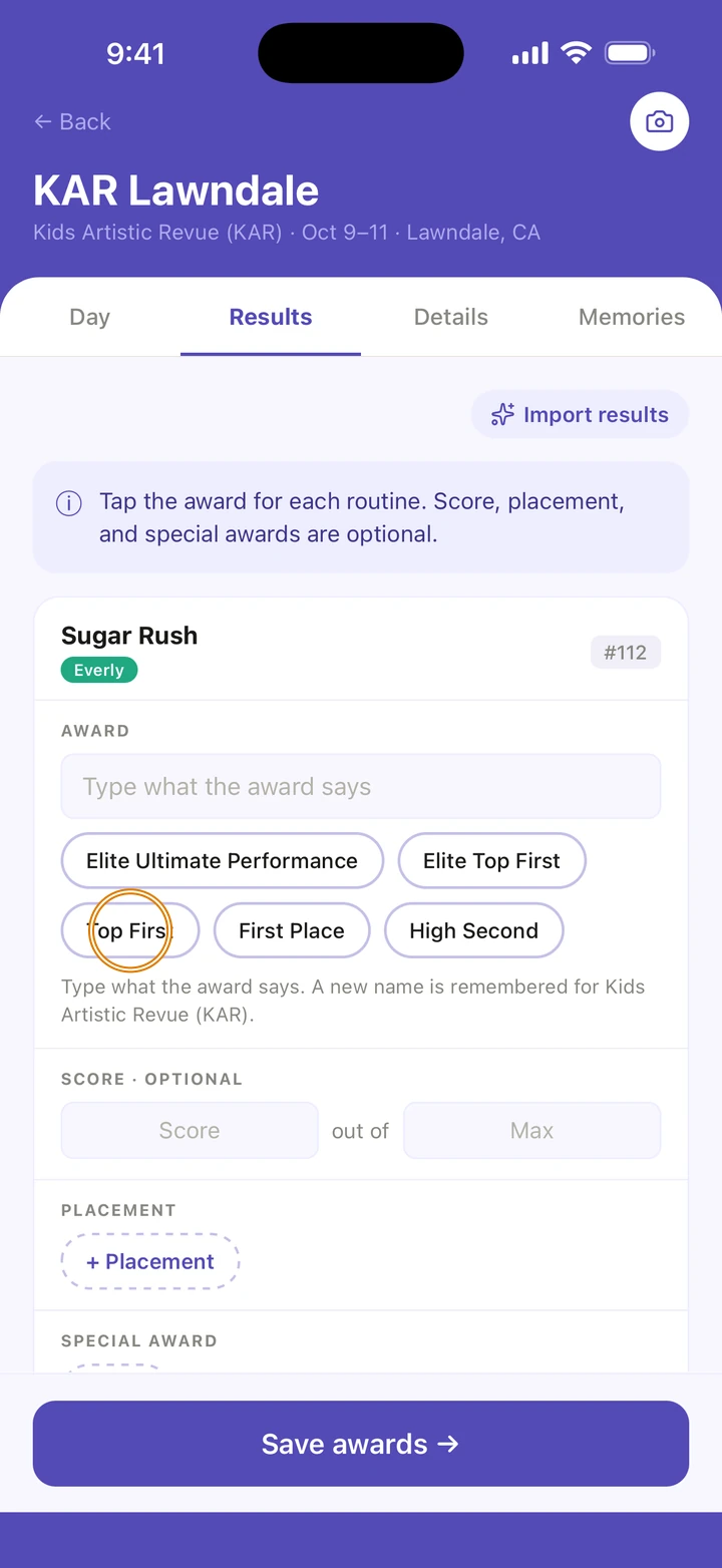 KAR Lawndale's Results tab with the Sugar Rush card, award suggestions such as Elite Top First and High Second, and Top First circled.