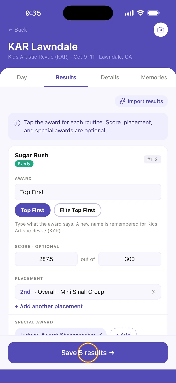 KAR Lawndale's Results tab with the Sugar Rush card filled in, and Save 5 results circled at the bottom.