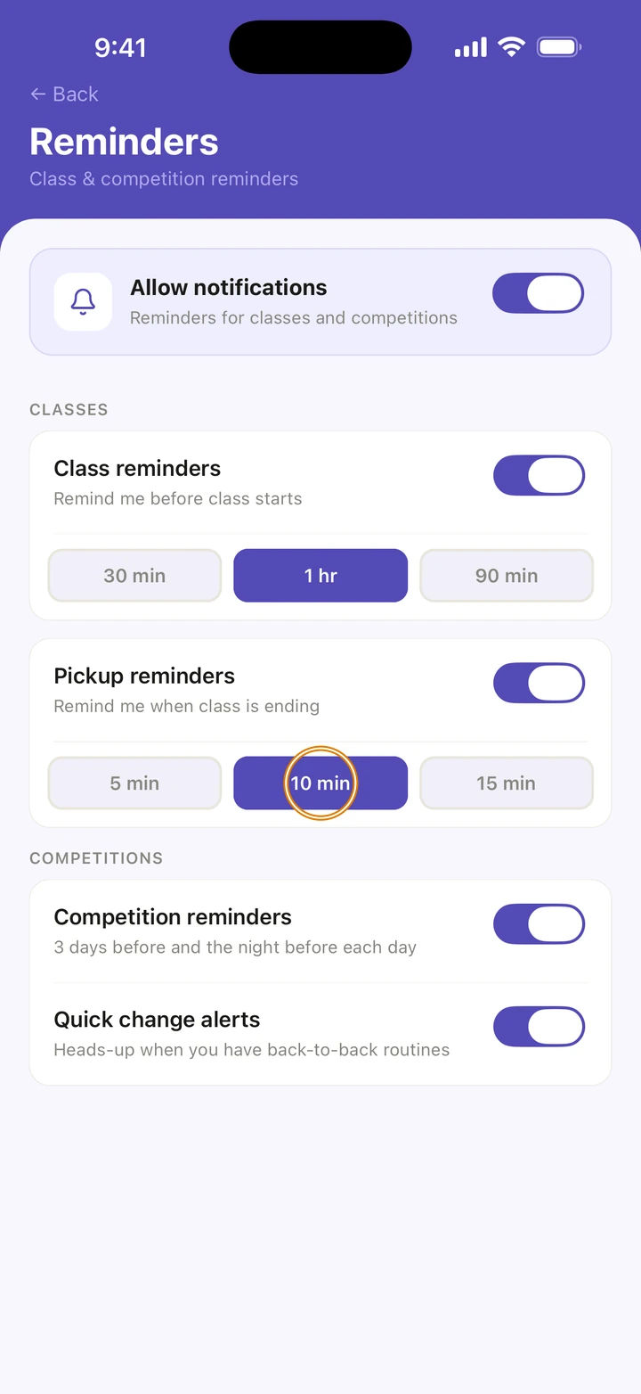 Reminders with Pickup reminders on and the choices 5 min, 10 min and 15 min, with 10 min circled.