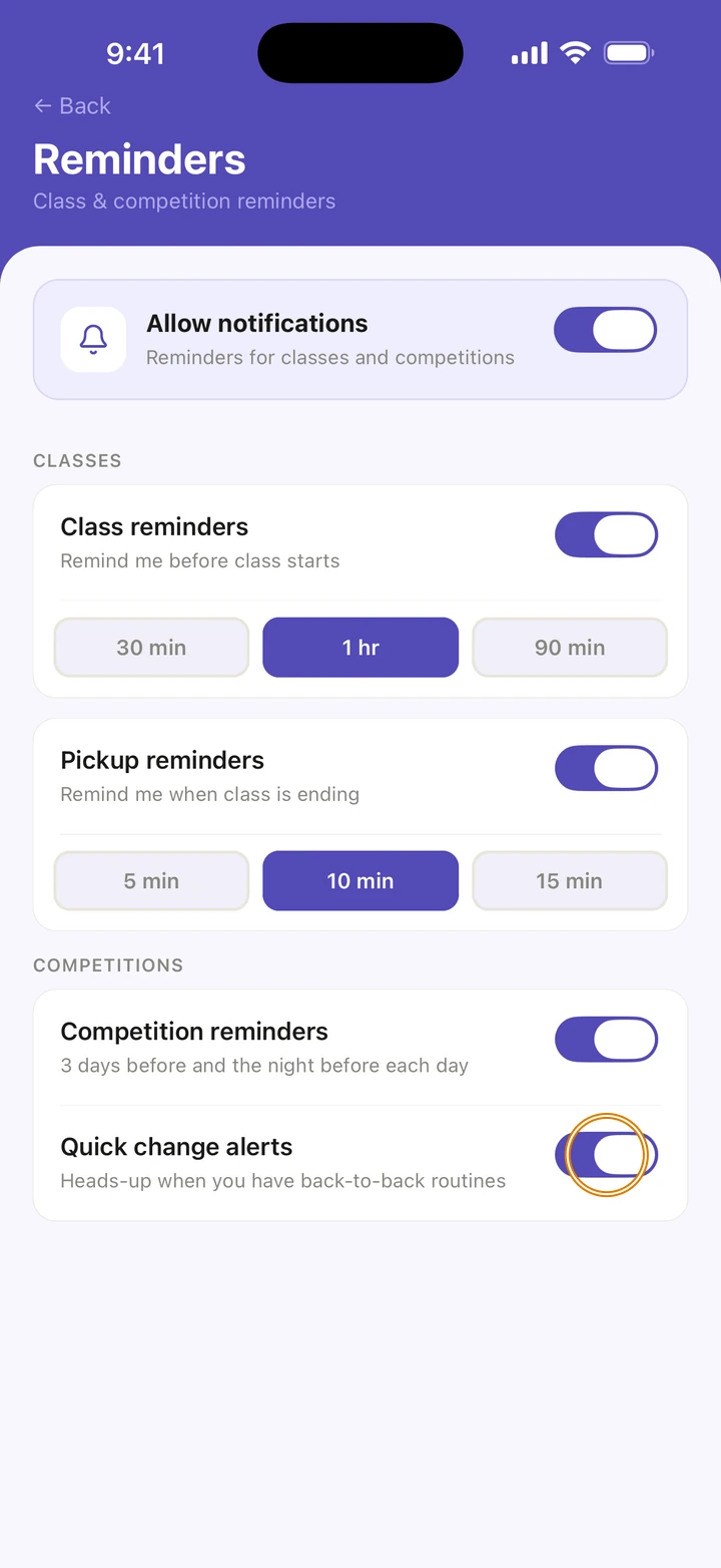 Reminders with Competition reminders and Quick change alerts both on, and the Quick change alerts switch circled.