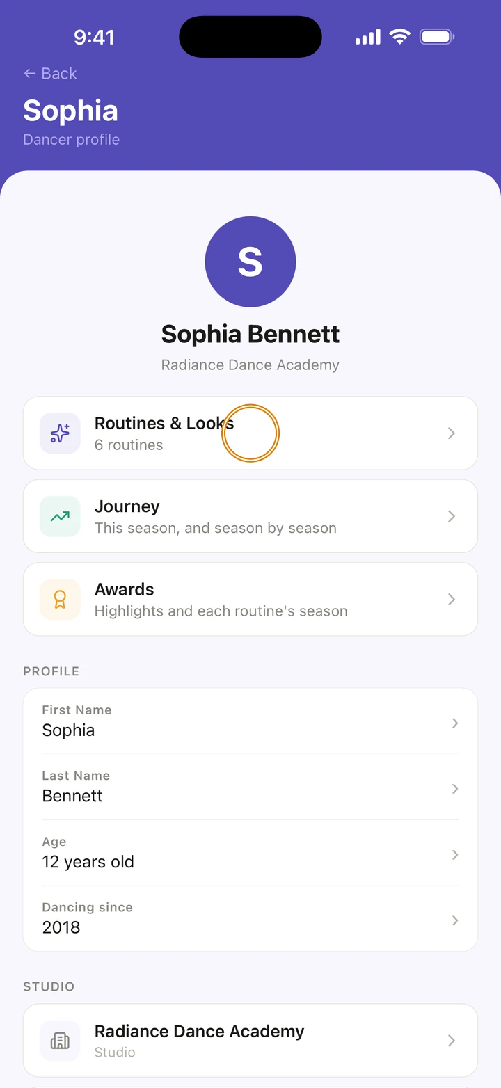 Sophia's dancer profile with Routines & Looks, 6 routines, circled.