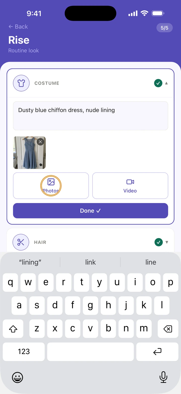 Rise's look with COSTUME open, described as a dusty blue chiffon dress with one photo, and Photos circled next to Video.