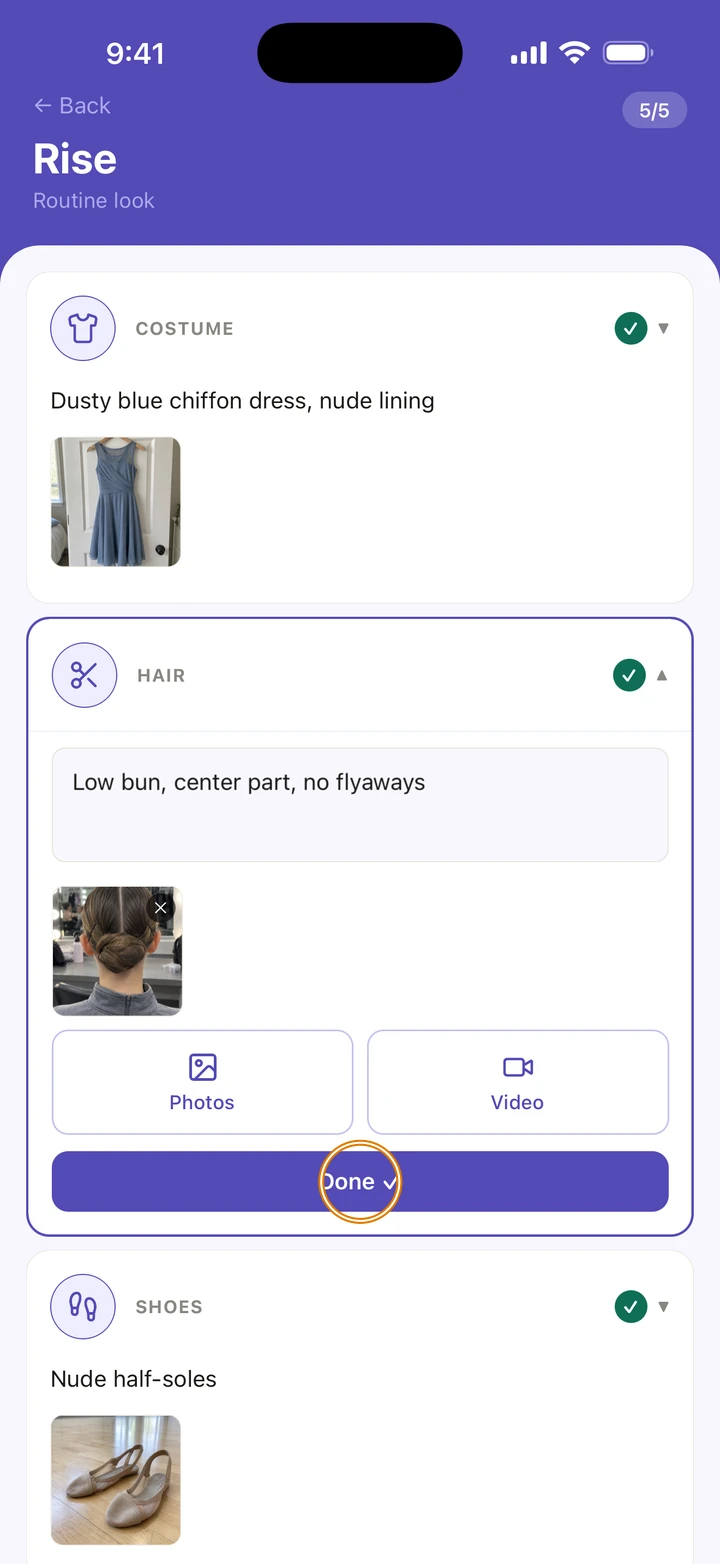 Rise's look with HAIR open, described as a low bun with a photo, and Done circled.