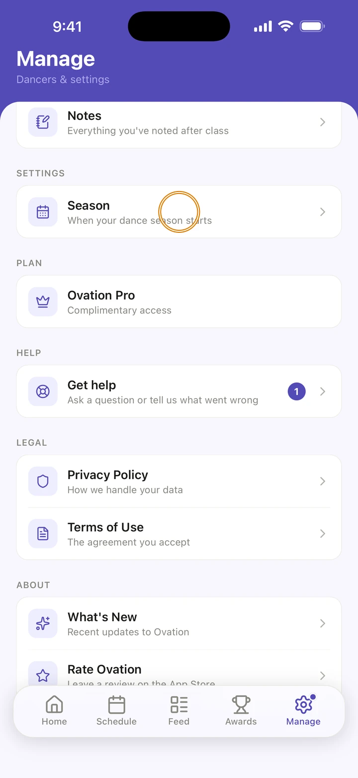 Manage with Season, When your dance season starts, circled under SETTINGS.
