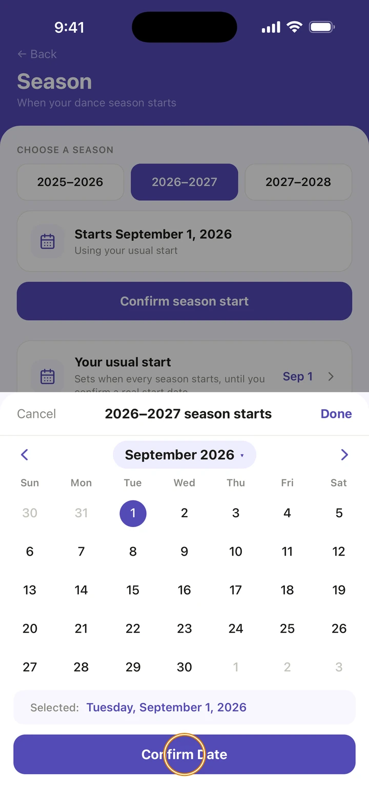 The calendar for when the 2026–2027 season starts, with Tuesday, September 1, 2026 selected and Confirm Date circled.
