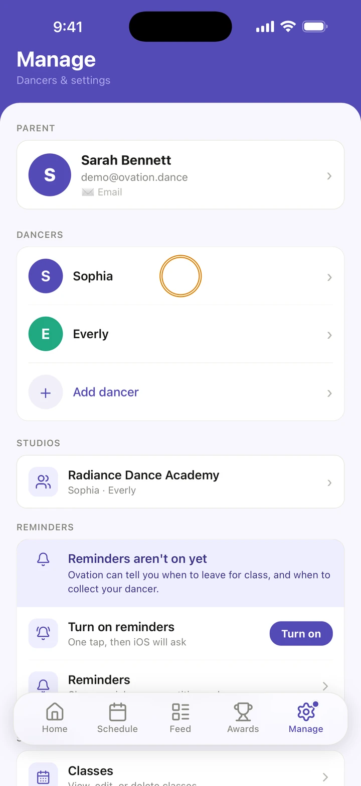 Manage with Sophia and Everly under DANCERS, and Sophia circled.
