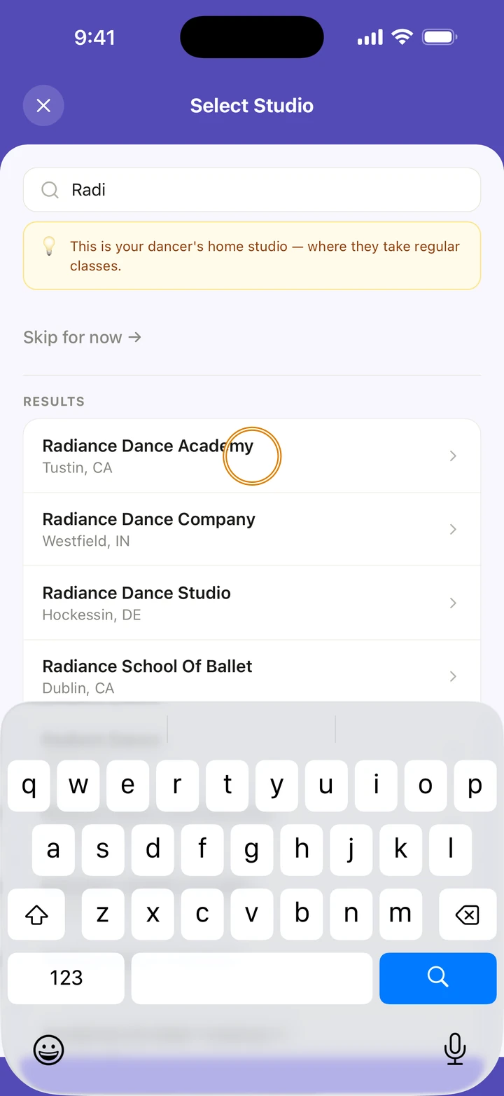 Select Studio with Radi typed, and Radiance Dance Academy, Tustin, CA, circled at the top of the RESULTS.