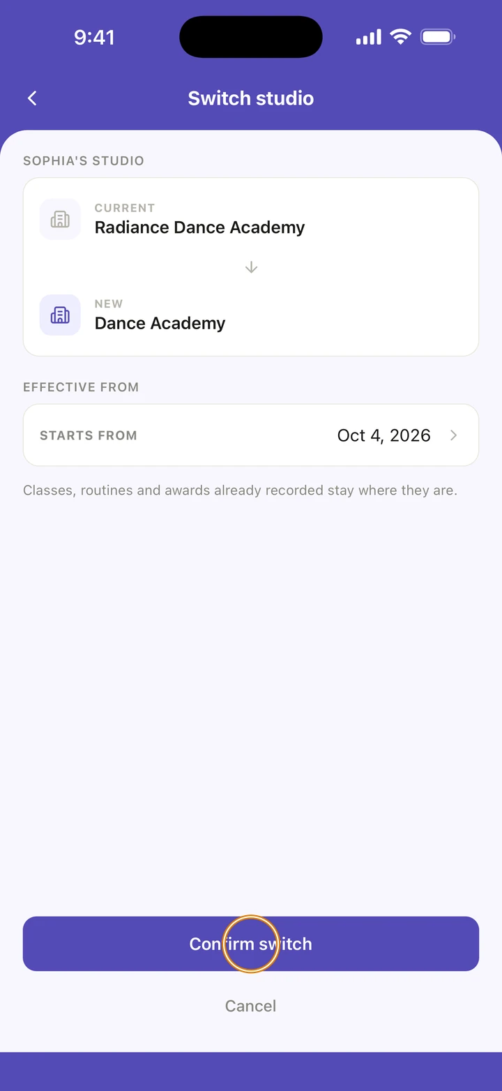 Switch studio for Sophia, from Radiance Dance Academy to a new studio, starting Oct 4, 2026, with Confirm switch circled.