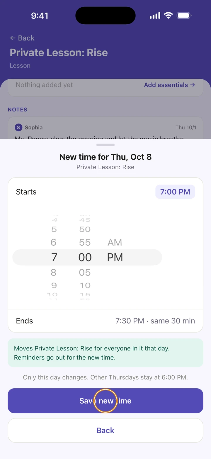 New time for Thu, Oct 8 for Private Lesson: Rise, starting at 7:00 PM, with the note that only this day changes, and Save new time circled.