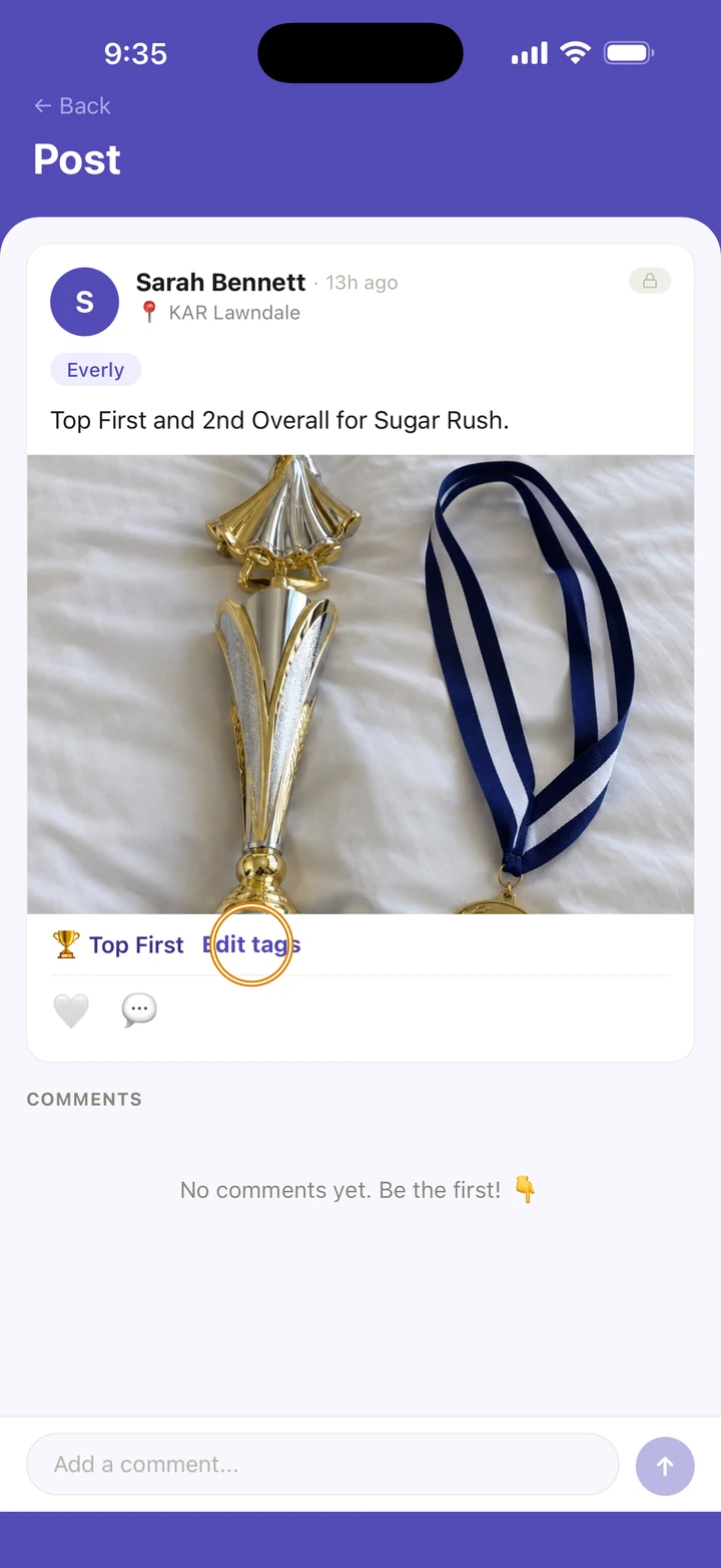 The memory open on its Post page, with Top First tagged under the photo and Edit tags circled.