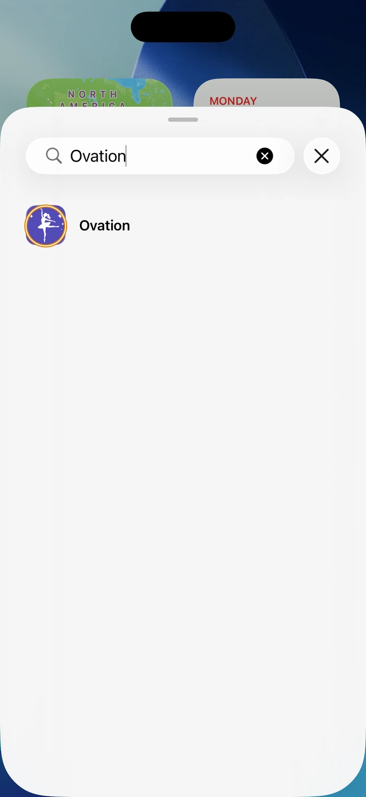 The widget list with Ovation typed in the search field, and Ovation circled in the results.