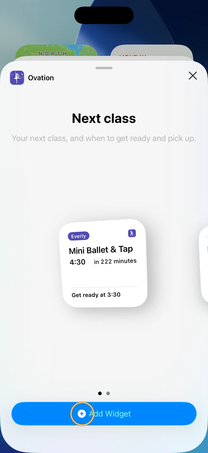 Ovation's Next class widget, showing Everly's Mini Ballet & Tap at 4:30 and Get ready at 3:30, with Add Widget circled below it.