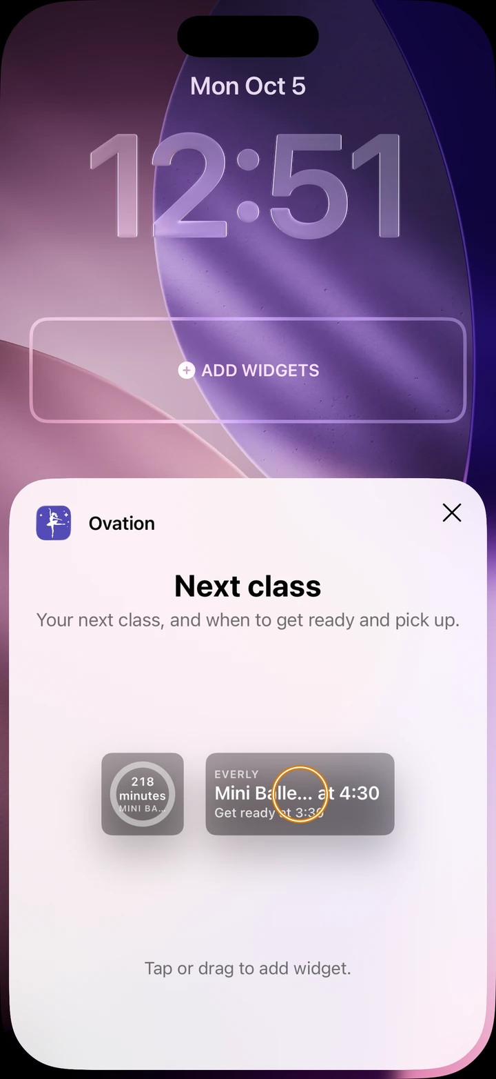 The Lock Screen editor with the Add Widgets area under the time, and Ovation's Next class widget in two sizes below it, the wide one, Everly's class at 4:30 and Get ready at 3:30, circled.