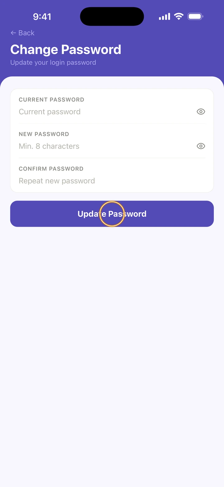 Change Password with CURRENT PASSWORD, NEW PASSWORD and CONFIRM PASSWORD, and Update Password circled.
