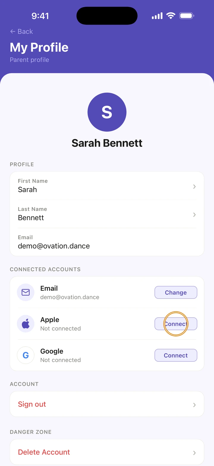 My Profile at CONNECTED ACCOUNTS, with Change next to Email and Connect next to Apple and Google, and Apple's Connect circled.