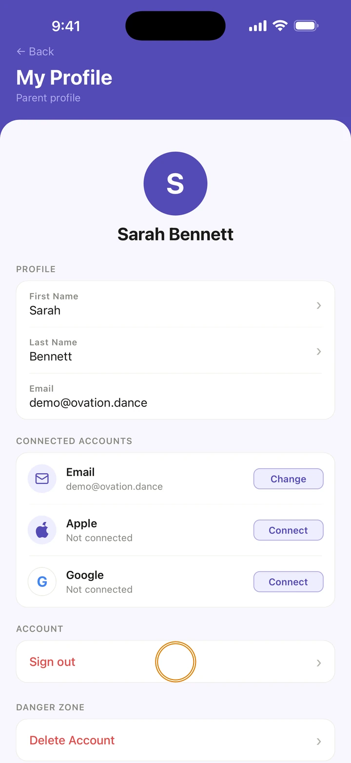 My Profile with Sign out under ACCOUNT circled.