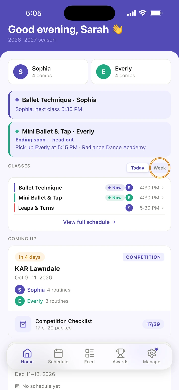 Home, with today's classes under CLASSES, Ballet Technique and Mini Ballet & Tap marked Now, and Week circled next to Today.