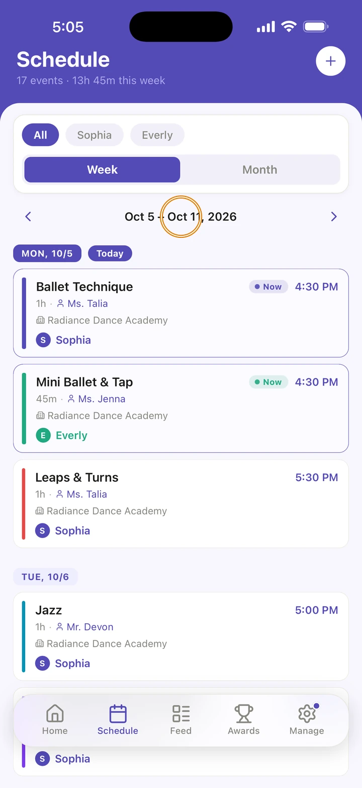 The Schedule tab's week, Oct 5 – Oct 11, 2026, with Monday marked Today and the dates between the arrows circled.