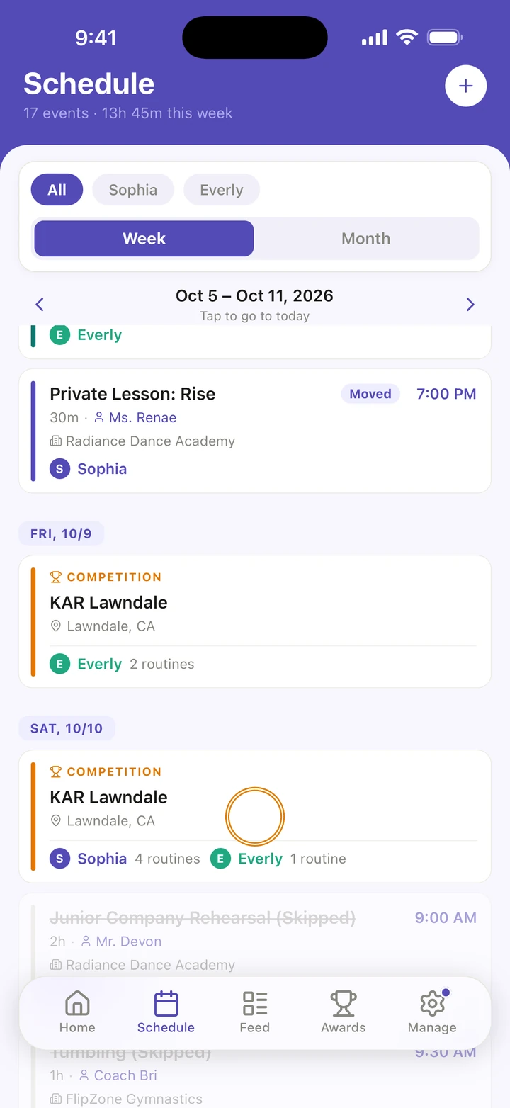 The Schedule tab's week with Saturday's KAR Lawndale competition card, for Sophia and Everly, circled.