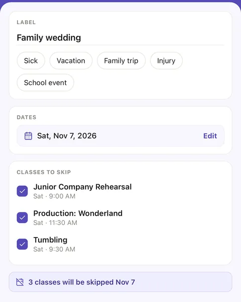 Days away for a family wedding on Saturday, November 7: Junior Company Rehearsal, Production: Wonderland and Tumbling ticked, 3 classes will be skipped.