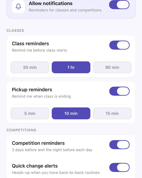 Reminder settings: class reminders 1 hour before, pickup reminders 10 minutes before class ends, competition reminders and quick change alerts on.