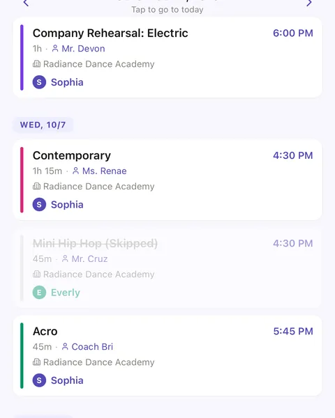 The Schedule week with Wednesday’s Mini Hip Hop struck through and marked Skipped between Contemporary and Acro.