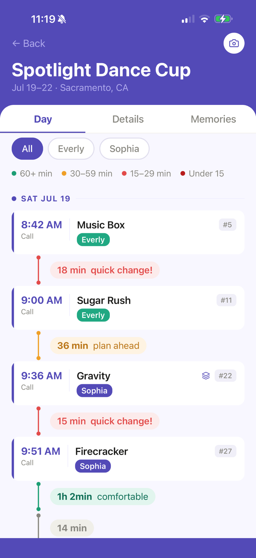 Ovation dance competition timeline with call times, performance order, and quick-change alerts.