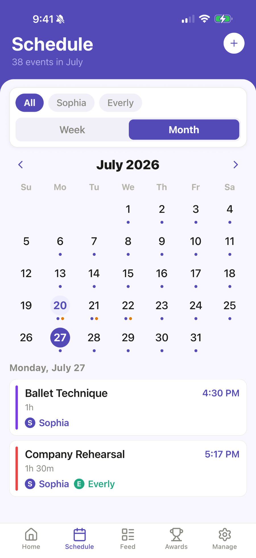 Ovation family dance calendar with color-coded schedules for multiple dancers.