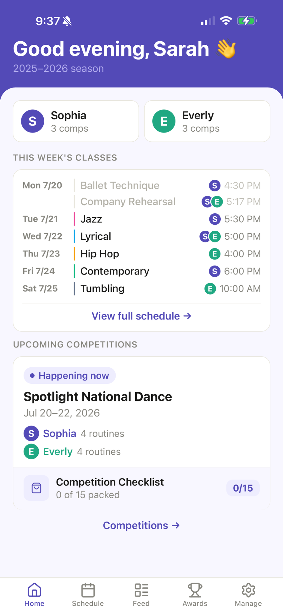 Ovation dashboard organizing two dancers, upcoming classes, and a dance competition.