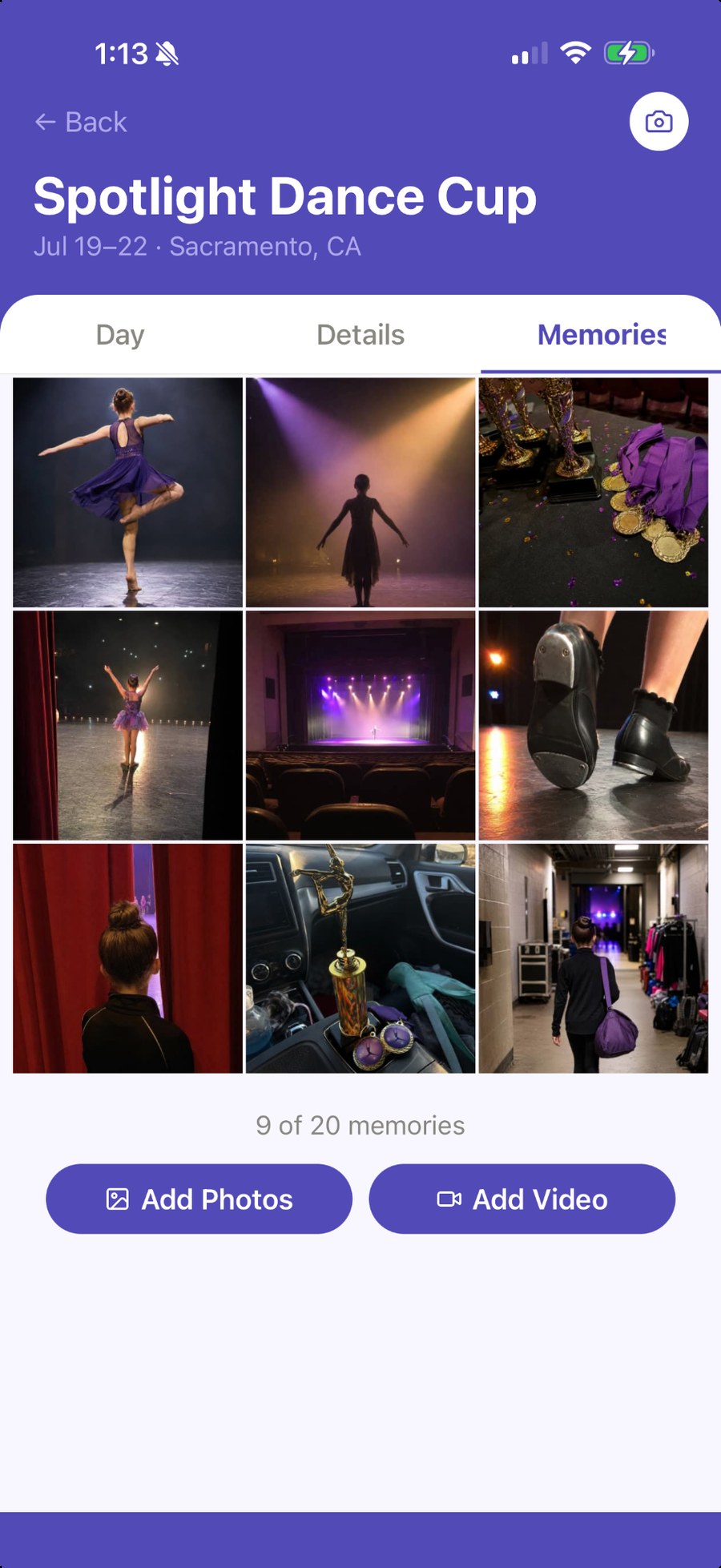 Ovation private gallery organizing dance photos and videos by competition.