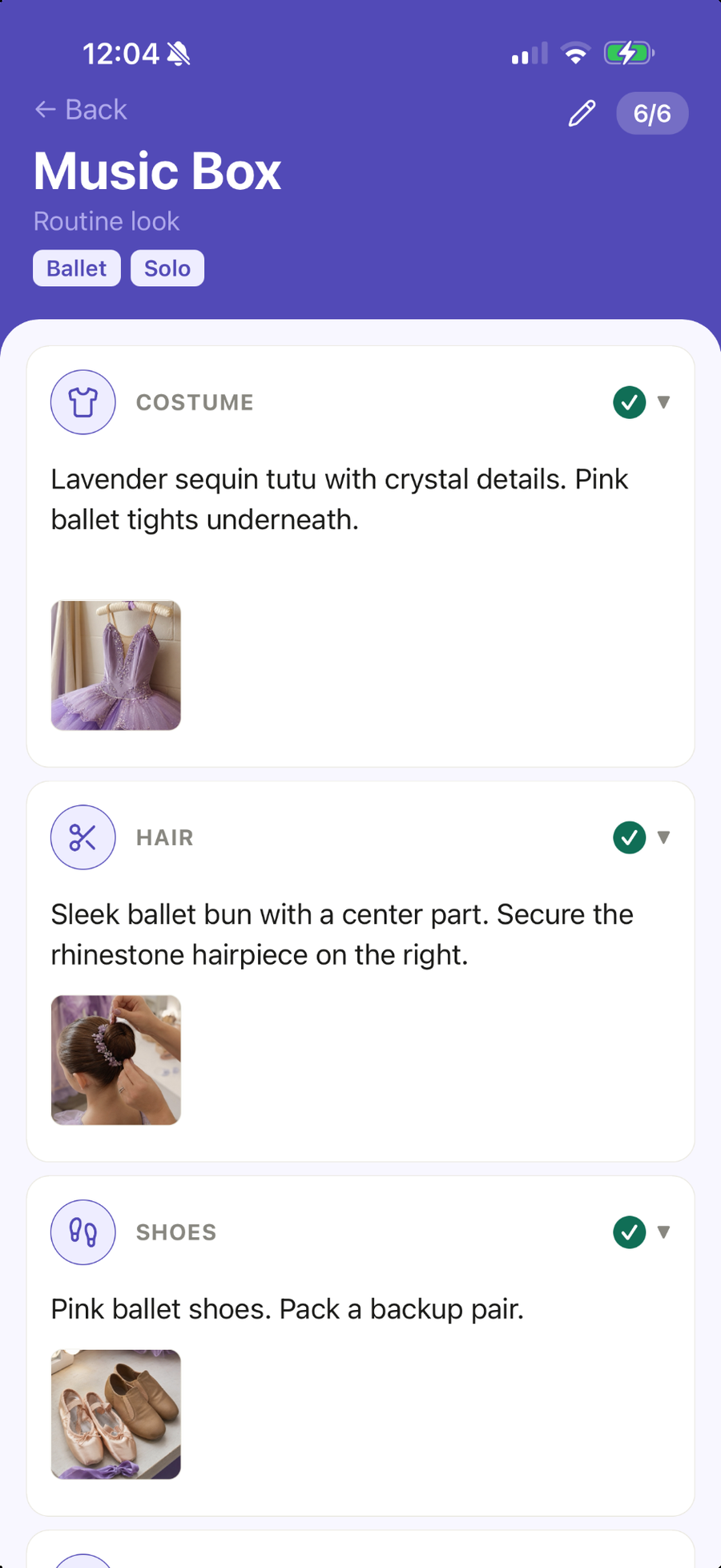 Ovation Routines & Looks for the Music Box routine: costume, hair, and shoe details with reference photos.